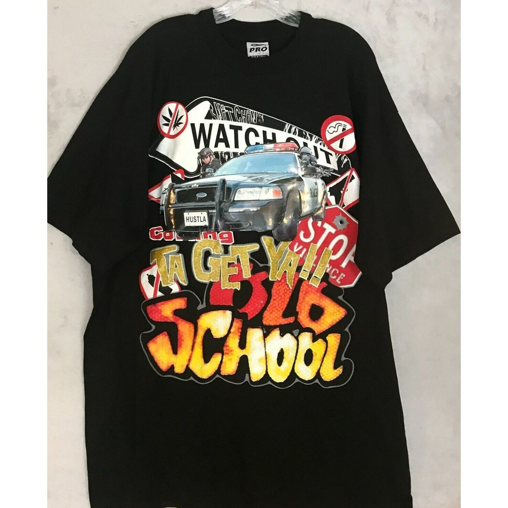 Old School Gangsta Watch Out  Police 3D T-Shirt Black Short Sleeve size 3XL Tall